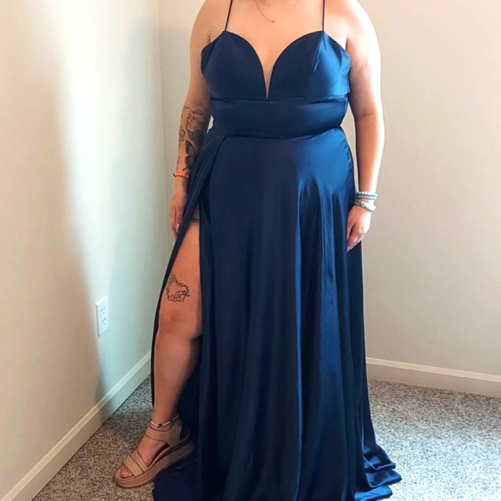 Plus Size Cinderella Divine Midnight Blue Gown with Plunge V-Neck, Size 16
